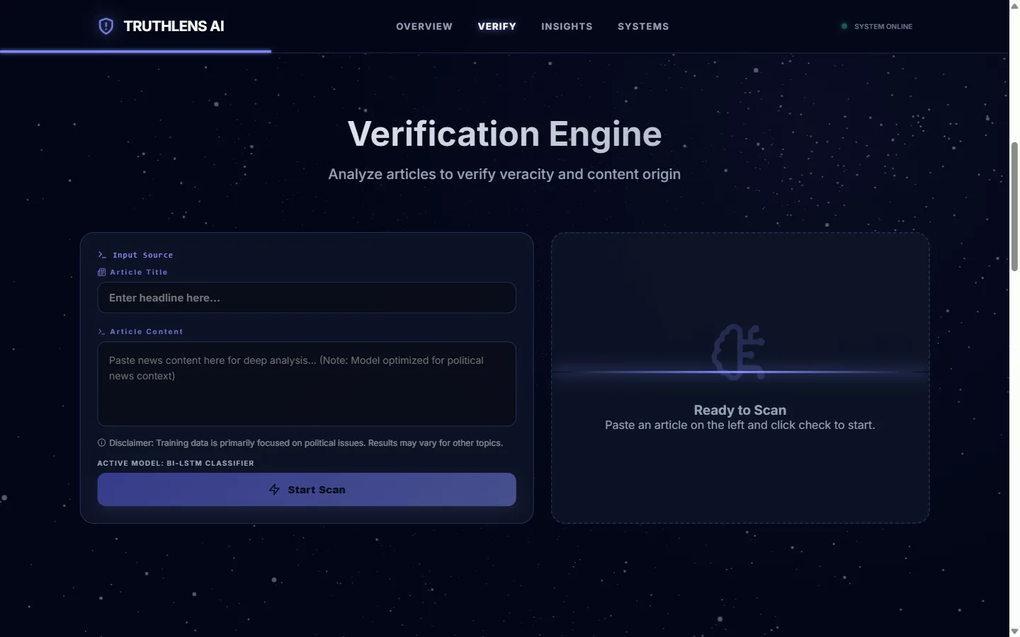TruthLens verification interface with article inputs and a ready-to-scan panel. The active model is Bi-LSTM.